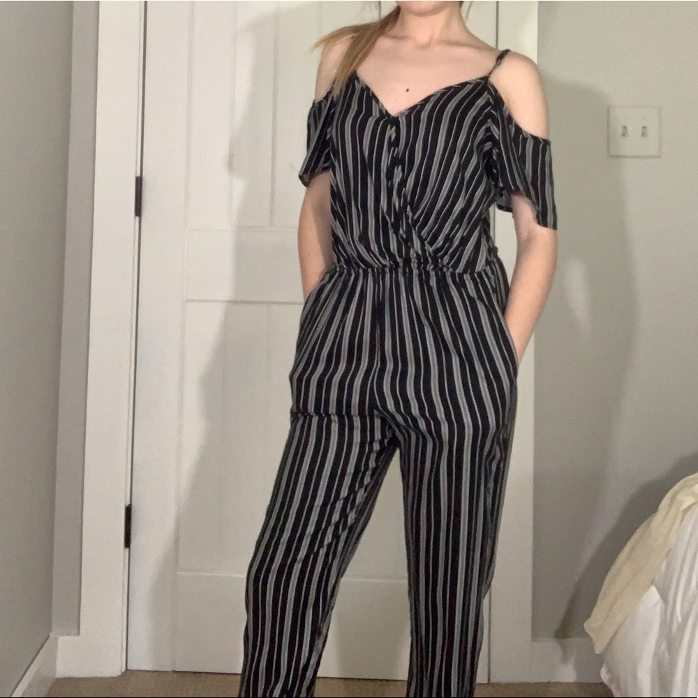black and white pinstripe jumpsuit